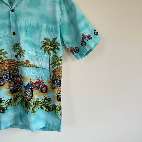 Ky's Vintage Hawaiian Shirt Motorcycle Biker Short Sleeve Resort Vacation Blue S - Picture 3 of 13